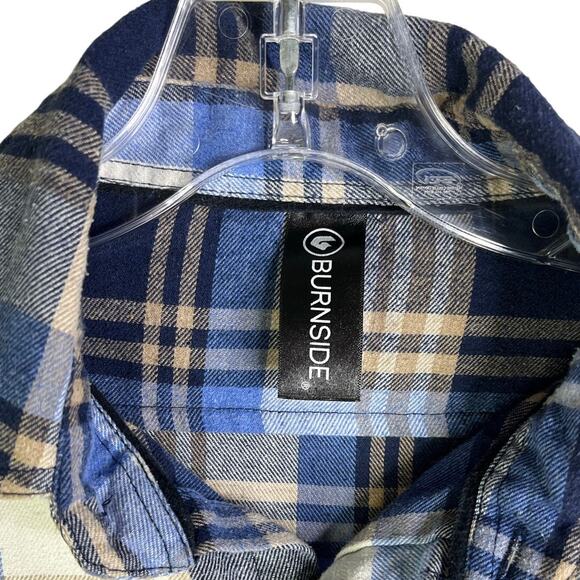 Burnside Flannel Shirt Mens Blue Beige Plaid Long Sleeve Grunge Classic - Picture 2 of 10